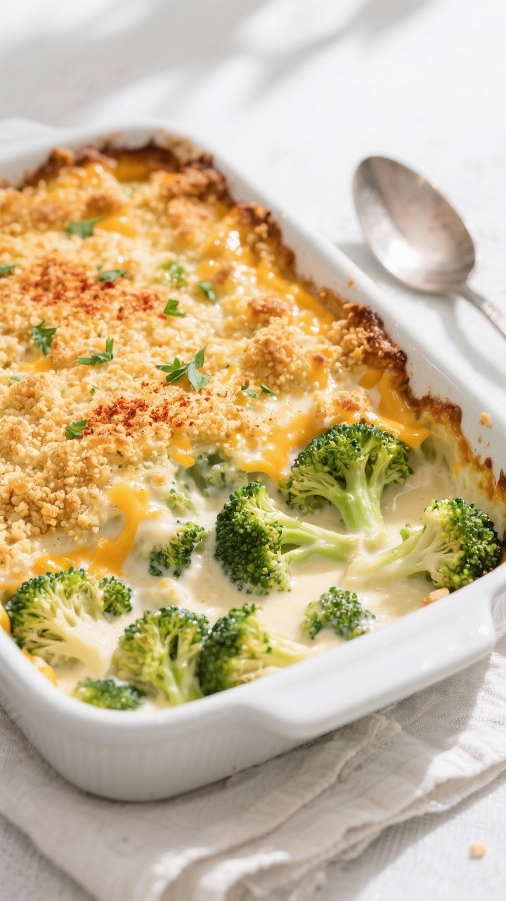 Overhead shot of the Simple Creamy Broccoli Casserole just out of the oven in a 9x13 white ceramic b
