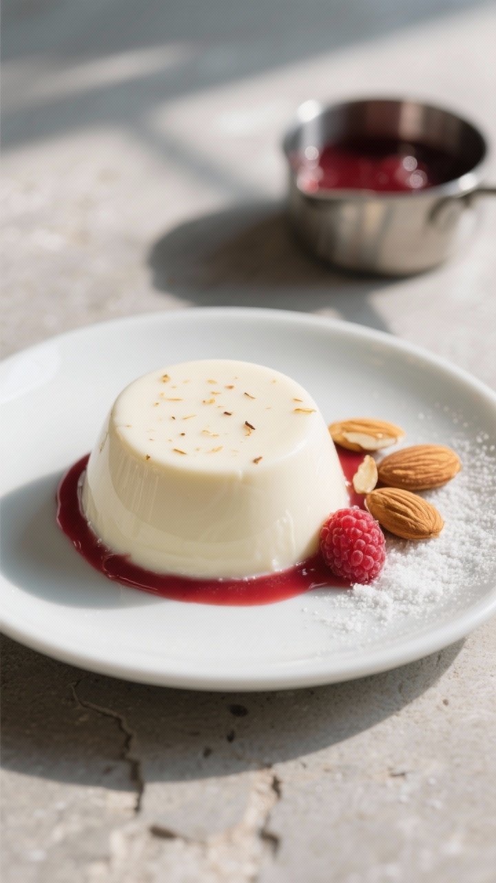 Overhead shot of unmolded keto vanilla bean panna cotta plated on a matte white dessert plate, perfe