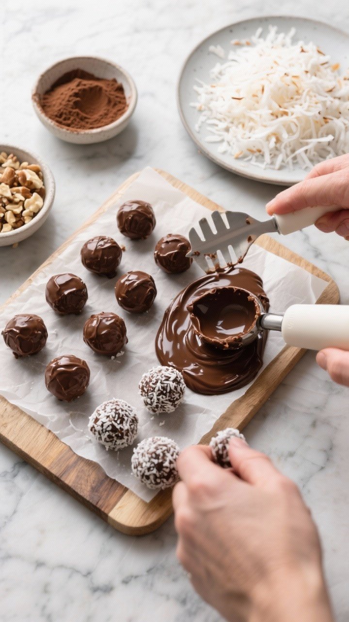 Process action shot: Overhead of the thick, glossy chocolate-coconut ganache being portioned and rol