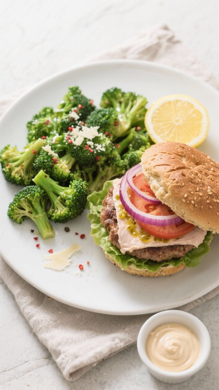 Tasty top-down final plate: Overhead shot of a fully assembled turkey burger on a toasted whole-grai
