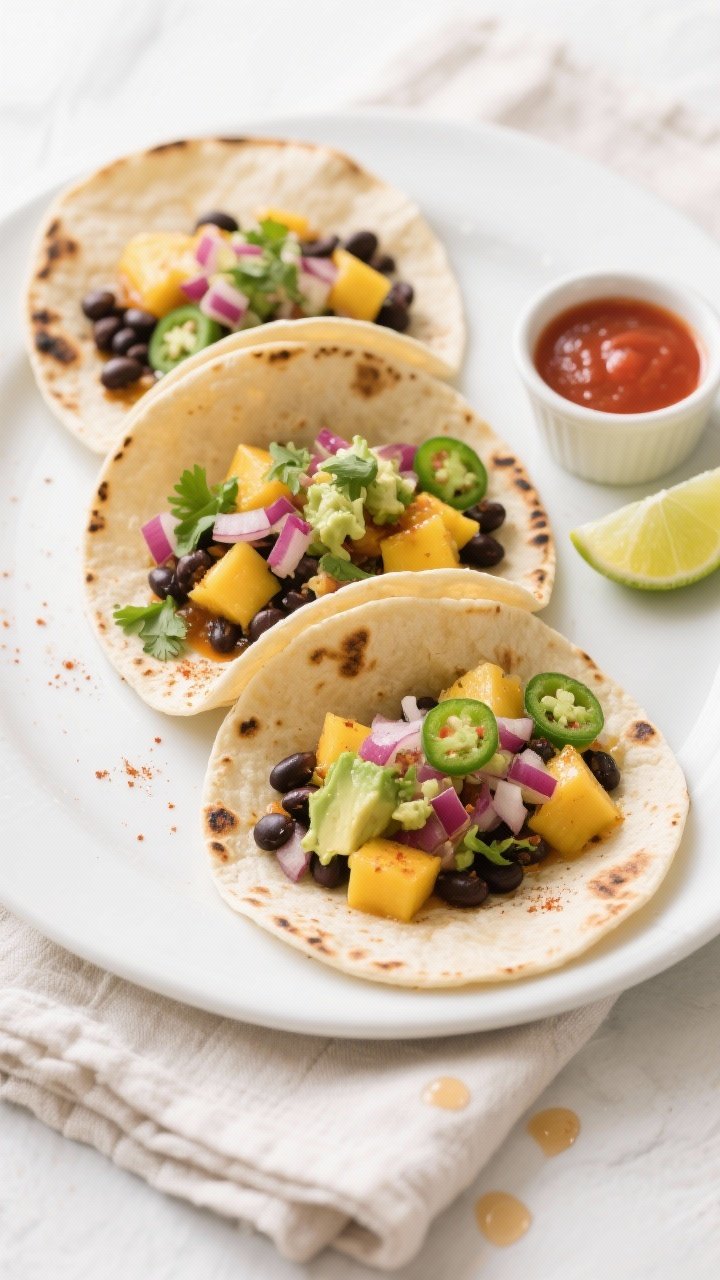 Tasty top-down final presentation: Overhead shot of three assembled Mango Black Bean Salsa Tacos nes