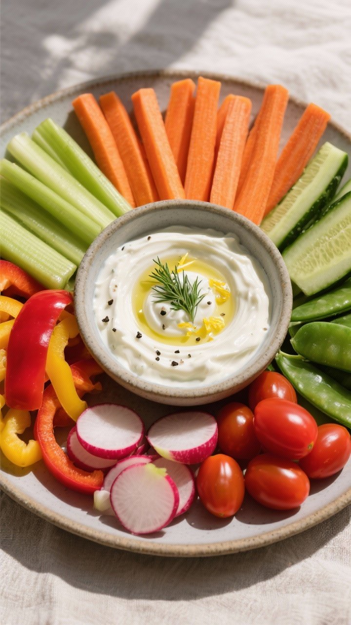 Tasty top-down final presentation: overhead shot of a vibrant veggie platter arranged around a centr