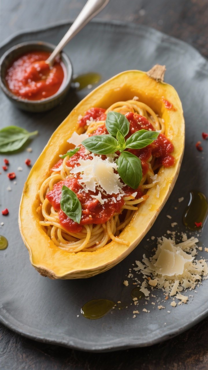 Tasty top view final dish: Overhead shot of spaghetti squash with marinara plated “boat-style” i