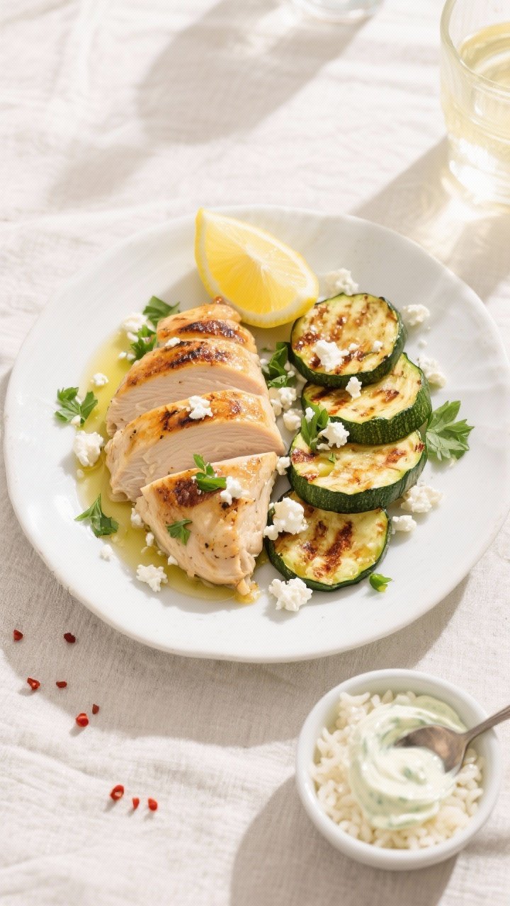 Tasty top view, final dish presentation: Overhead shot of plated Grilled Chicken & Roasted Zucchini 