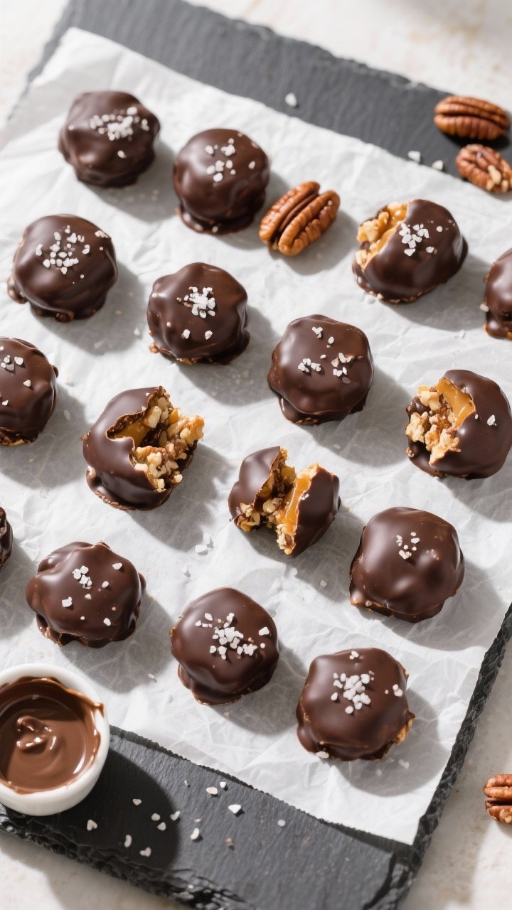 Tasty top view, final dish presentation: Overhead shot of finished Keto Chocolate Pecan Turtle Bites