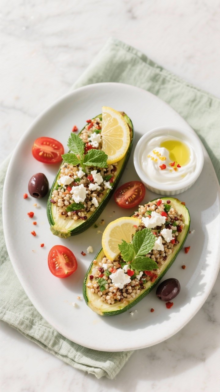 Tasty top view, final presentation: Overhead shot of Mediterranean quinoa stuffed zucchini plated fo