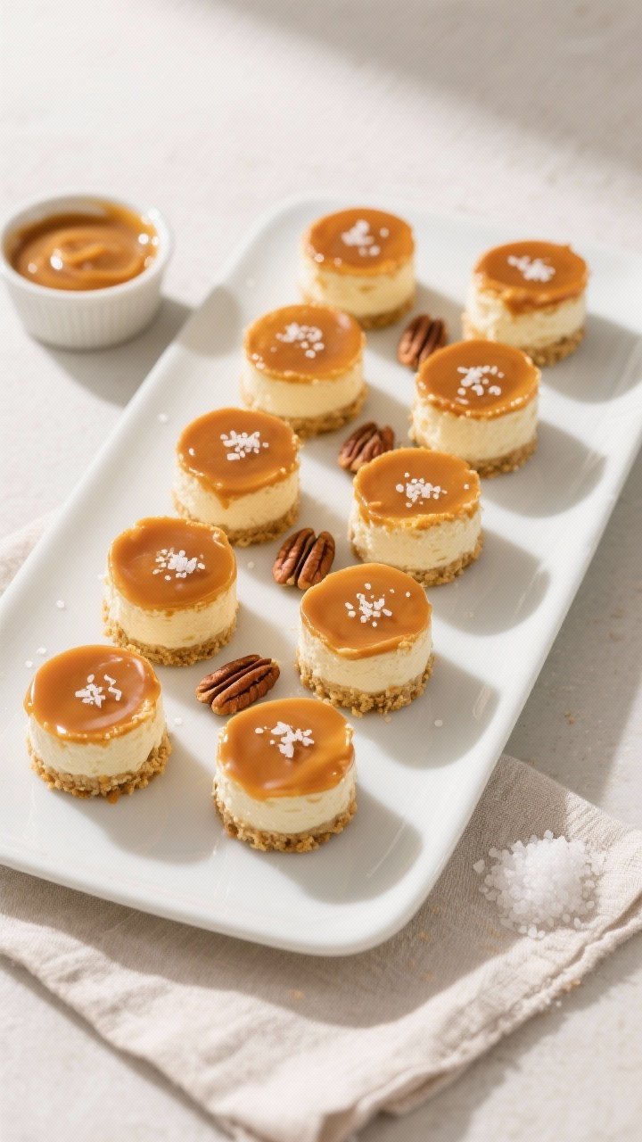 Tasty top view, final presentation: Overhead shot of a platter of keto salted caramel cheesecake bit