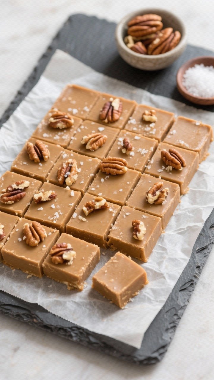 Tasty top view, final presentation: Overhead shot of a parchment-lined 8x8 slab of chilled Keto Mapl
