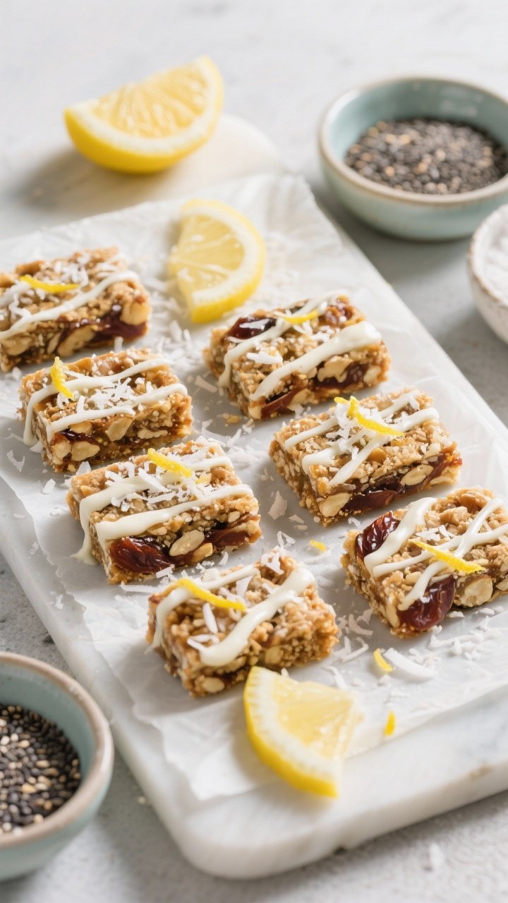 Tasty top view final presentation: Overhead shot of neatly sliced lemon coconut energy bars arranged