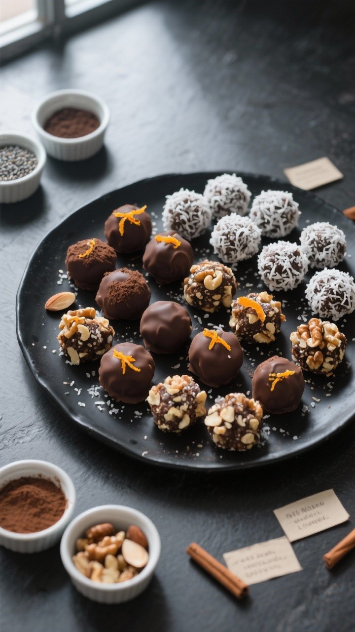Tasty top view final presentation: Overhead shot of a chilled assortment of no-bake date & nut truff