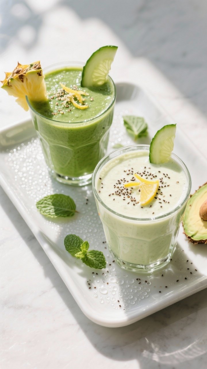 Tasty top view: Overhead shot of the final Green Detox Smoothie served in two clear tumblers on a ma