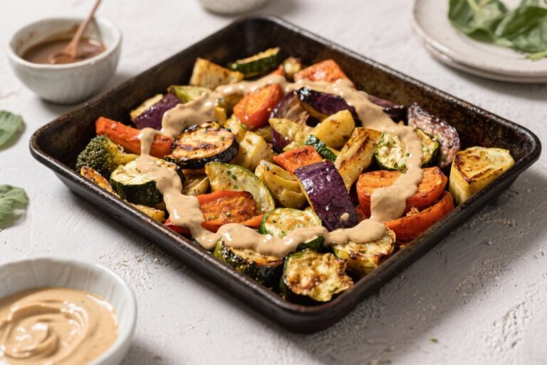 One-Pan Roasted Veggies With Tahini Drizzle – Easy, Bright, and Satisfying