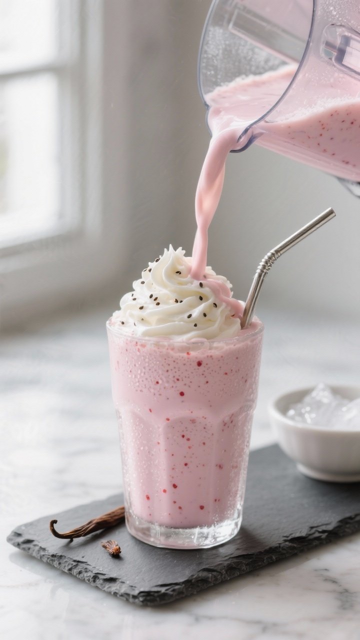Close-up detail: A thick, creamy keto strawberry milkshake being poured from a blender into a chille