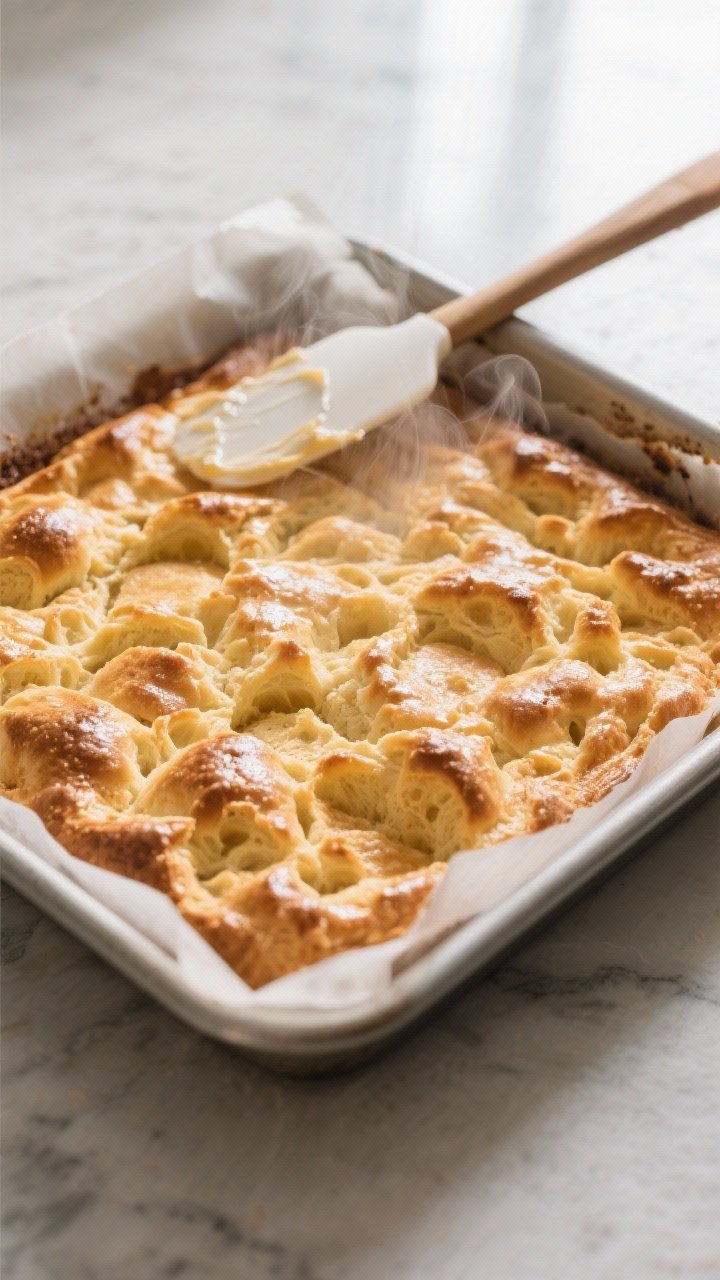 Close-up detail and process: Keto choux-style puff layer just out of the oven in a parchment-lined 9