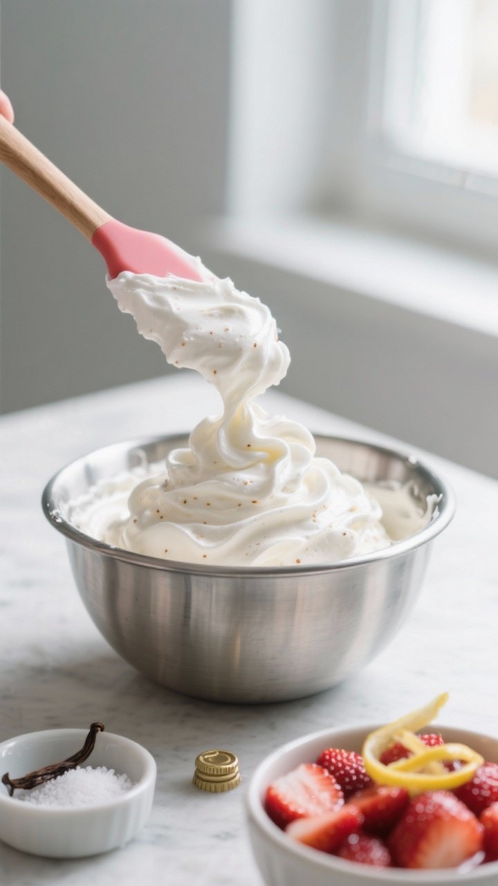 Close-up detail and process: Keto strawberry whipped cream being whipped in a chilled stainless-stee