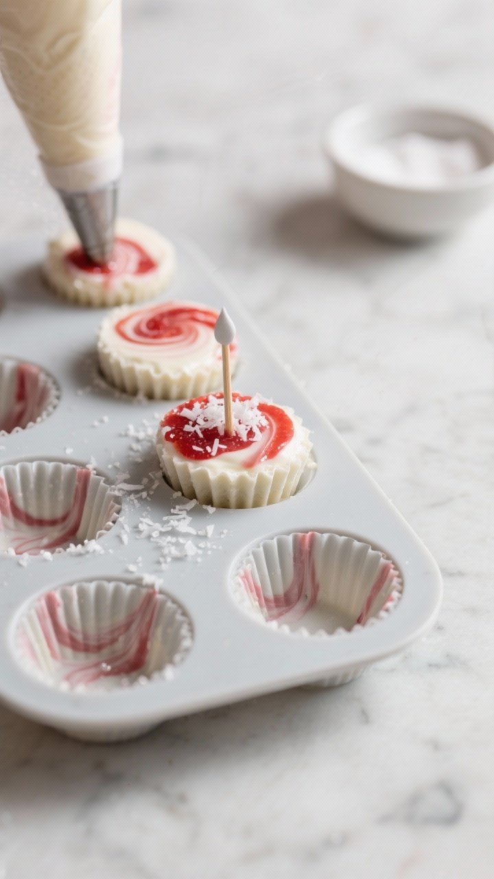 Close-up detail and process shot: Silicone mini muffin mold filled with layered Frozen Keto Strawber