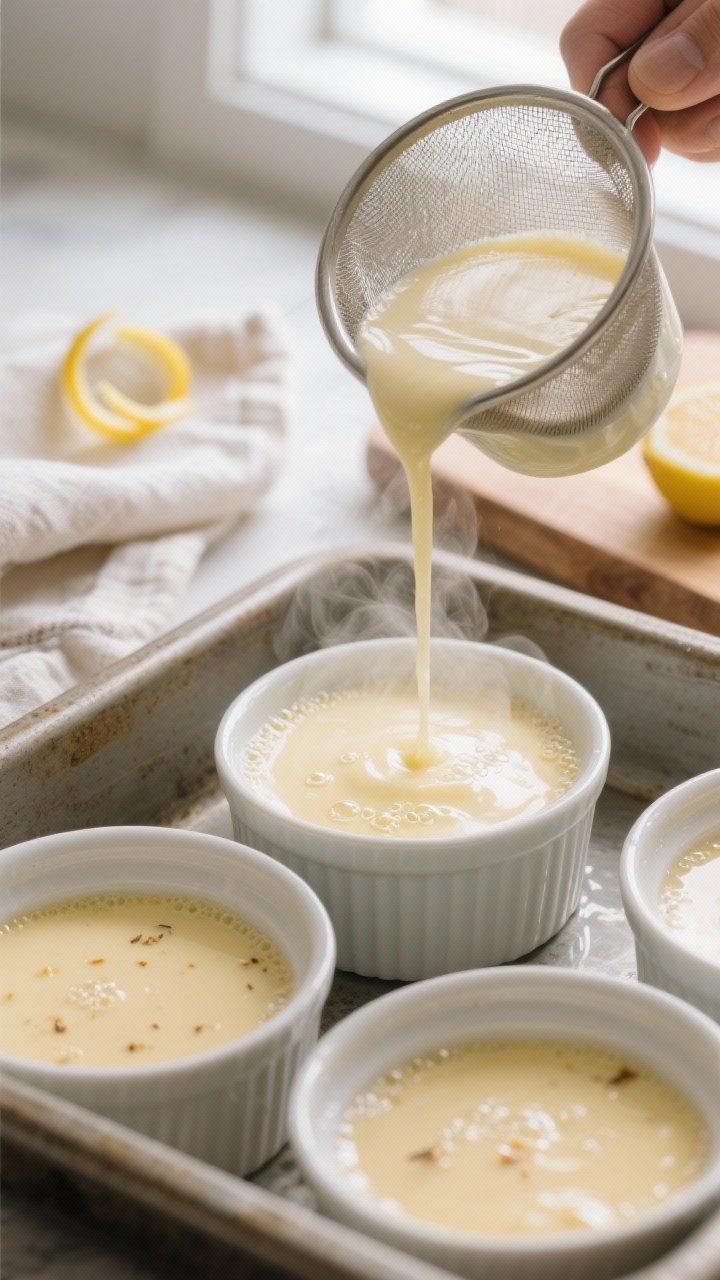 Close-up detail and process shot: Silky keto custard base being poured through a fine-mesh sieve int