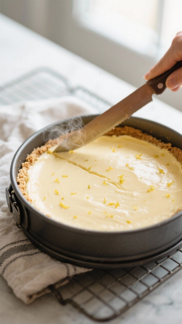 Close-up detail, cooking process: A freshly baked keto lemon ricotta cheesecake still in a 9-inch sp