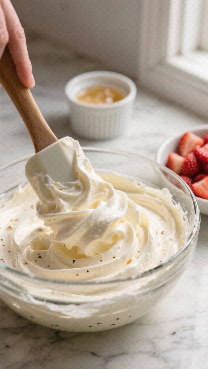 Close-up detail, cooking process: A glass mixing bowl with silky vanilla mousse being folded with a 