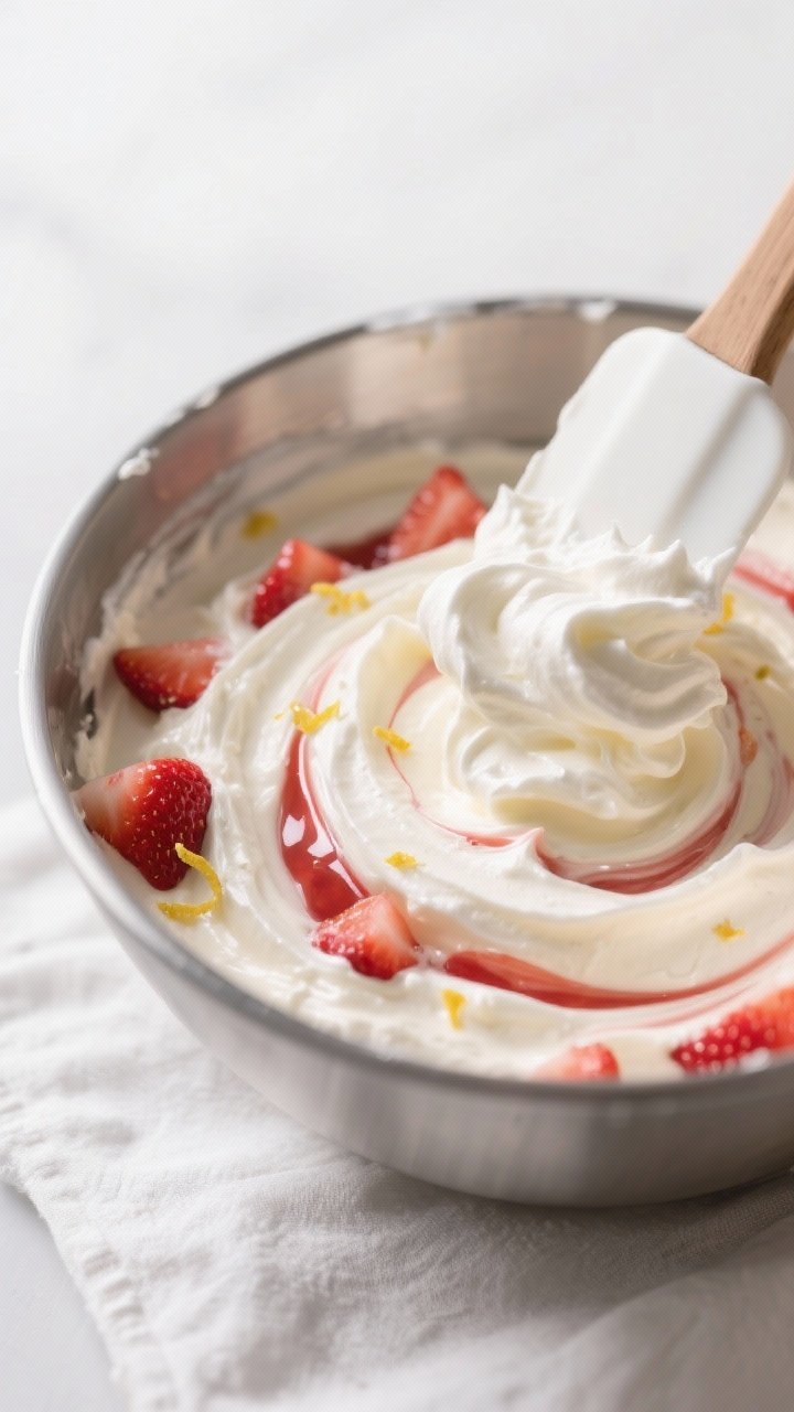 Close-up detail, cooking process: A glossy swirl of keto strawberry cheesecake dip in a chilled stai