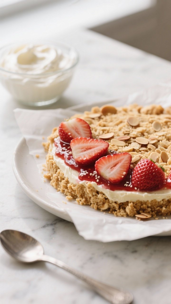 Close-up detail, cooking process: A shallow depth-of-field shot of the toasted almond crumble coolin