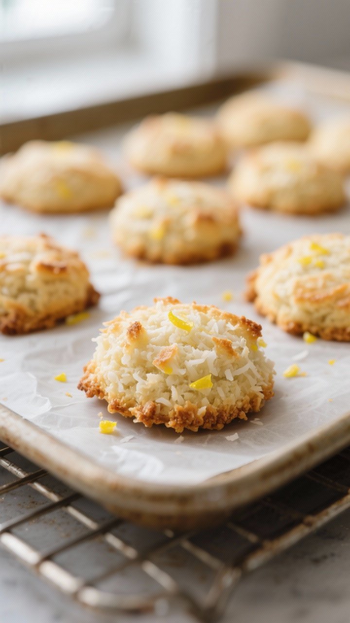 Close-up detail, cooking process: A tray of freshly baked keto lemon coconut macaroons just out of t