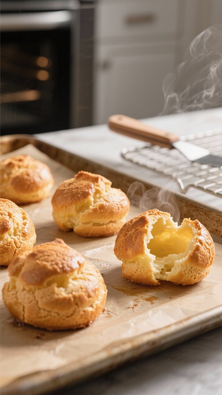Close-up detail, cooking process: Keto choux-style shells just out of the oven on a parchment-lined 