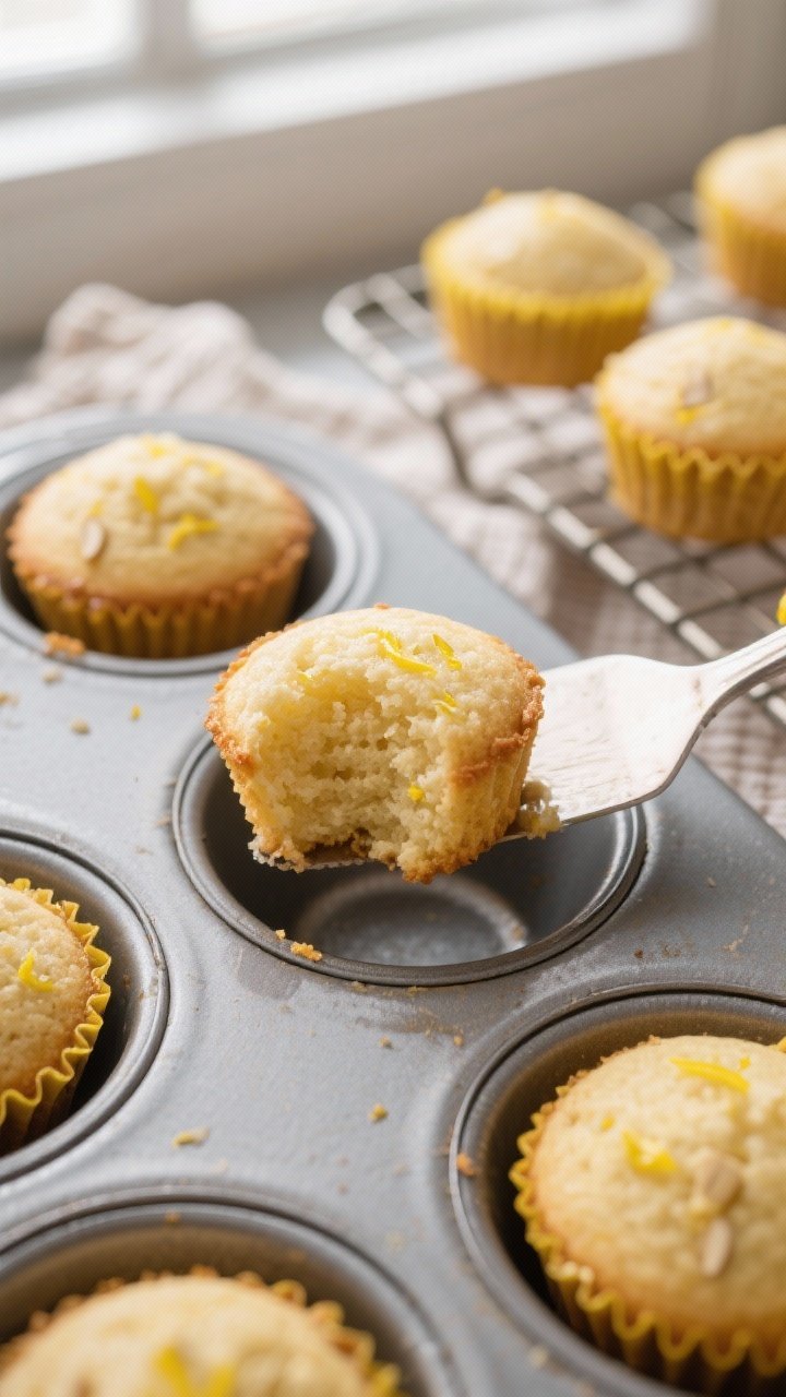 Close-up detail, cooking process: Mini lemon almond cake bites just out of the oven in a greased min