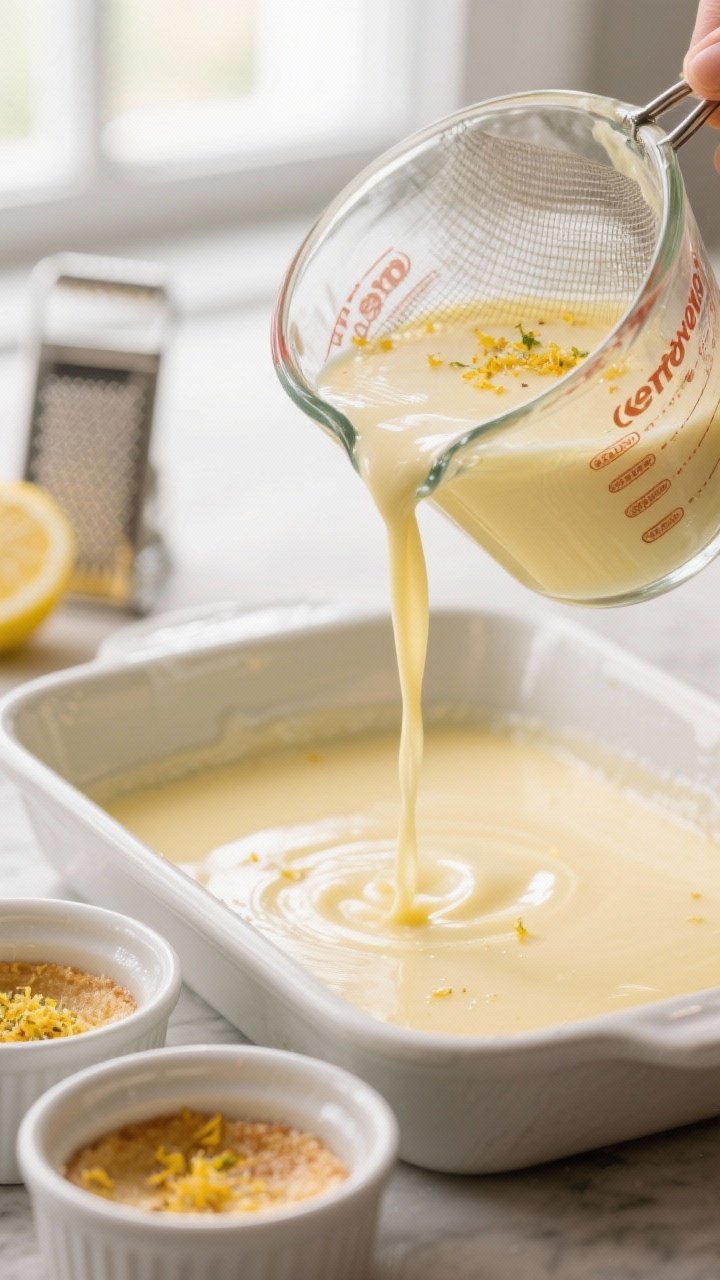 Close-up detail/cooking process: Silky keto lemon custard batter being poured through a fine-mesh si