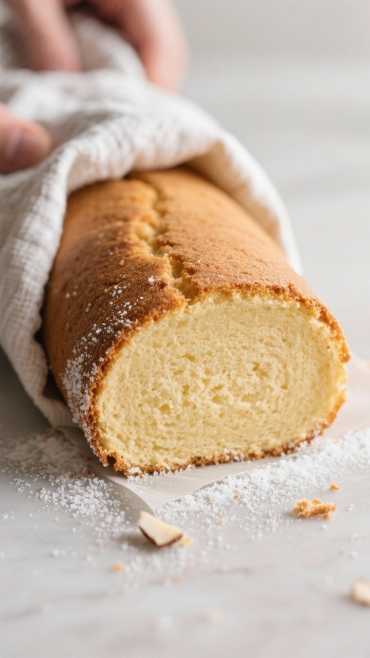 Close-up detail, cooking process: Warm keto almond-coconut sponge just after baking, being gently ro