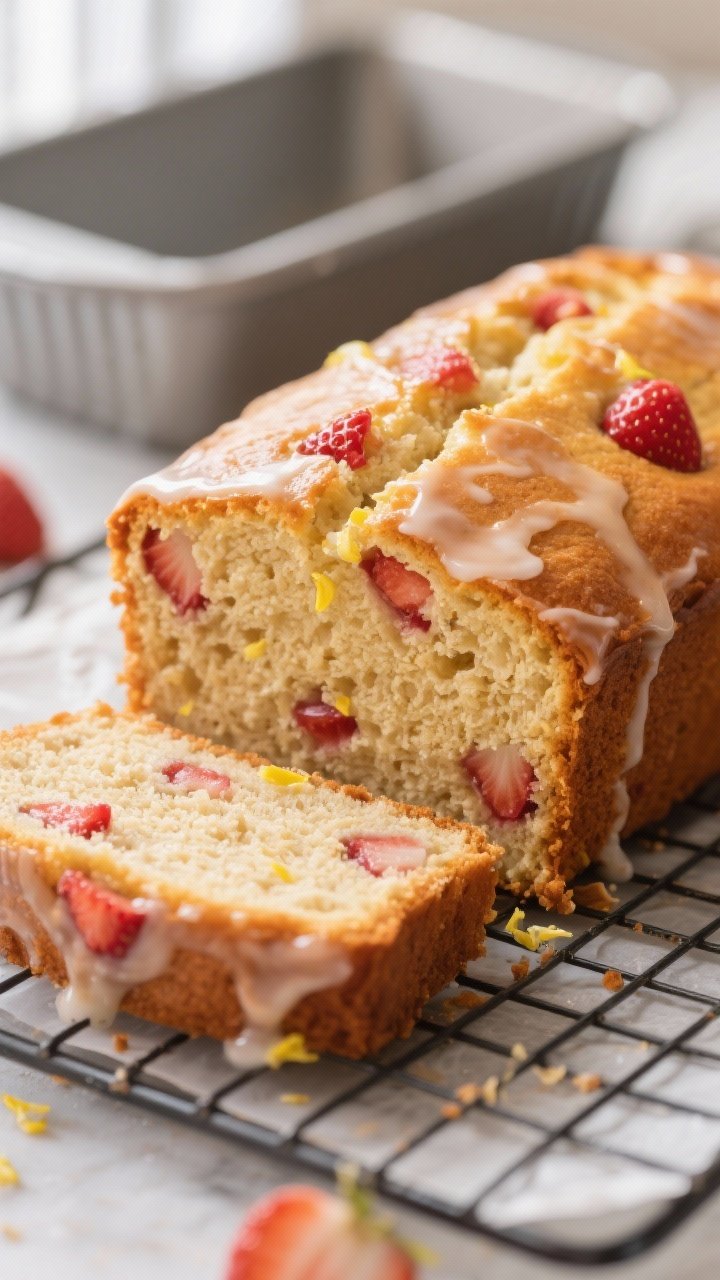 Close-up detail: Keto strawberry pound cake loaf just out of the oven, golden-brown top with a few s