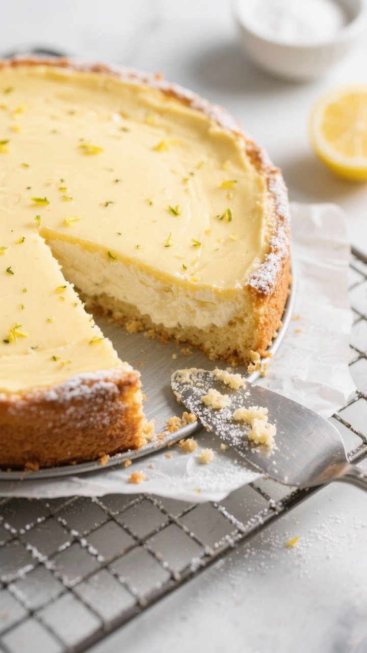 Close-up detail of a freshly baked Keto Lemon Ricotta Cake just out of a 9-inch springform pan, top