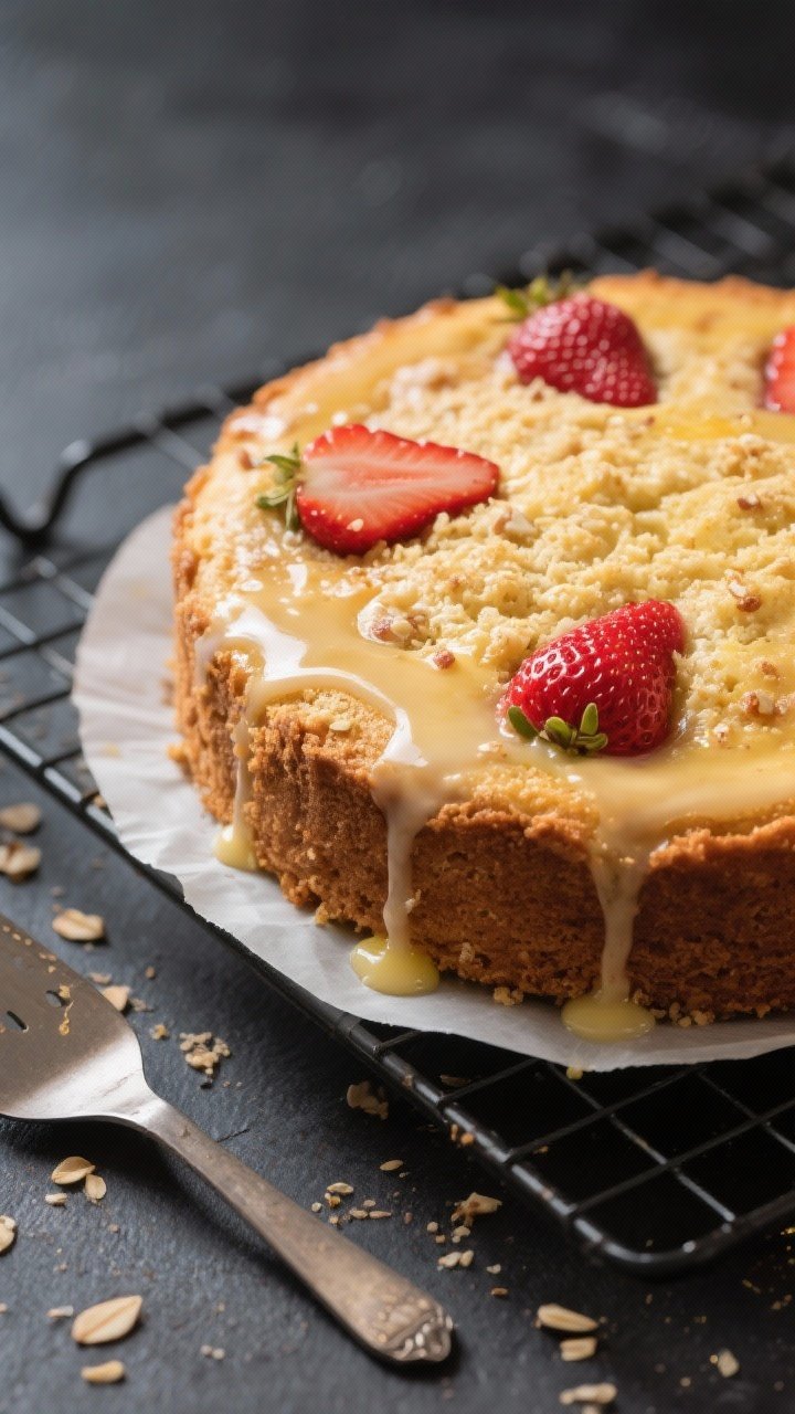 Close-up detail of a freshly baked Keto Strawberry Sour Cream Cake just out of the pan, golden top w