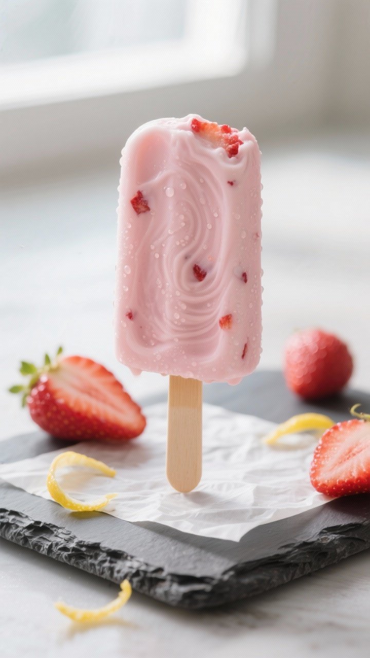 Close-up detail of a freshly unmolded Keto Strawberry Cream Popsicle, silky smooth texture with tiny