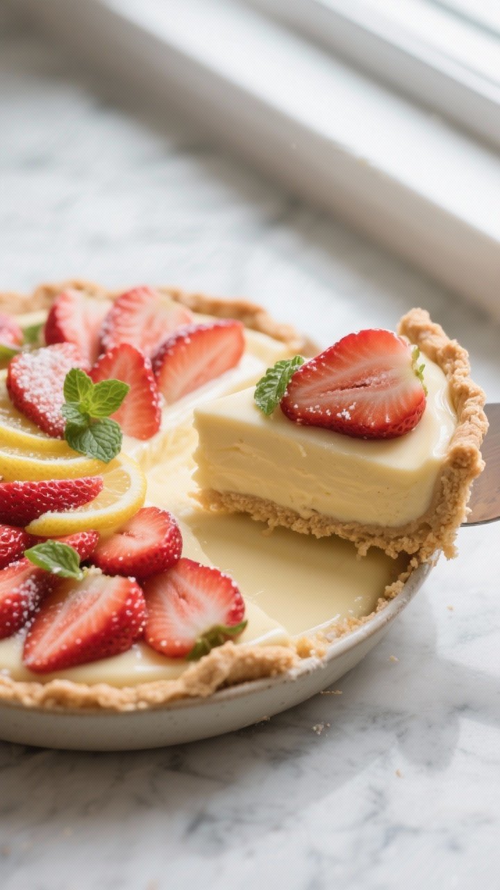 Close-up detail of a silky baked strawberry custard pie just out of the fridge, slice being lifted t
