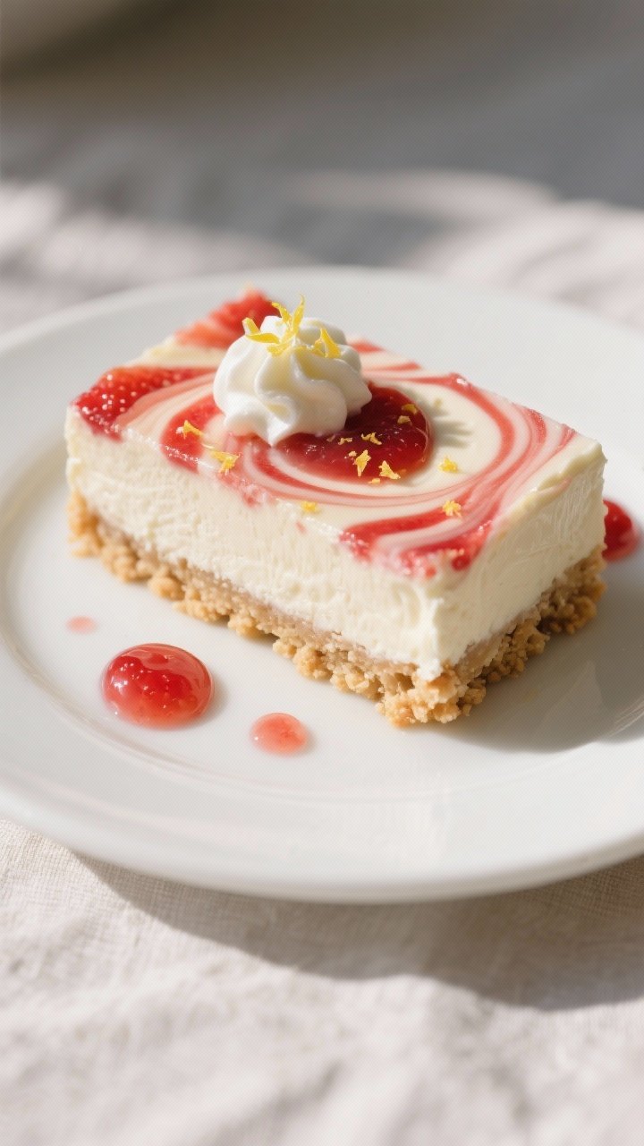 Close-up detail of a single plated Keto Strawberry Cream Cheese Square after chilling and slicing: n