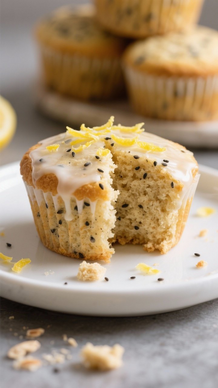 Close-up detail of a split keto lemon poppy seed muffin on a small white plate, showing a moist, ten