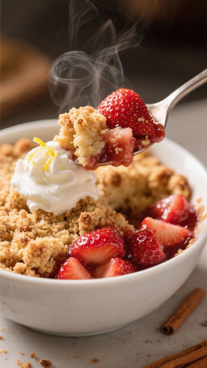 Close-up detail of a warm spooned serving of the Low-Carb Keto Strawberry Dump Cake in a small white