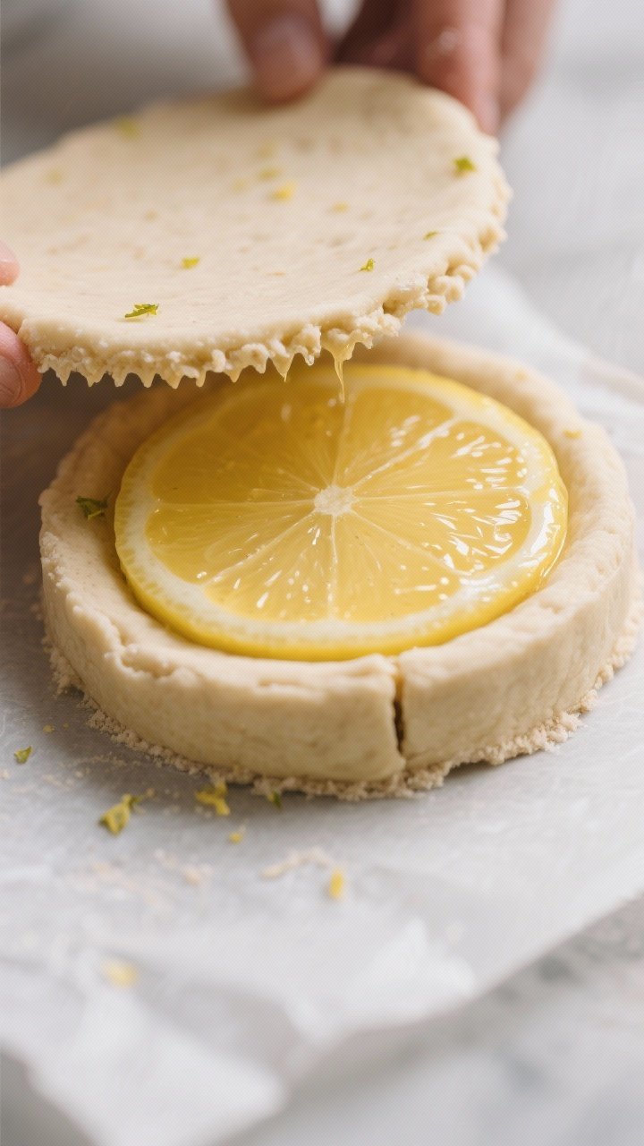 Close-up detail of assembly: a circle of rolled almond flour dough on parchment, a glossy dollop of 