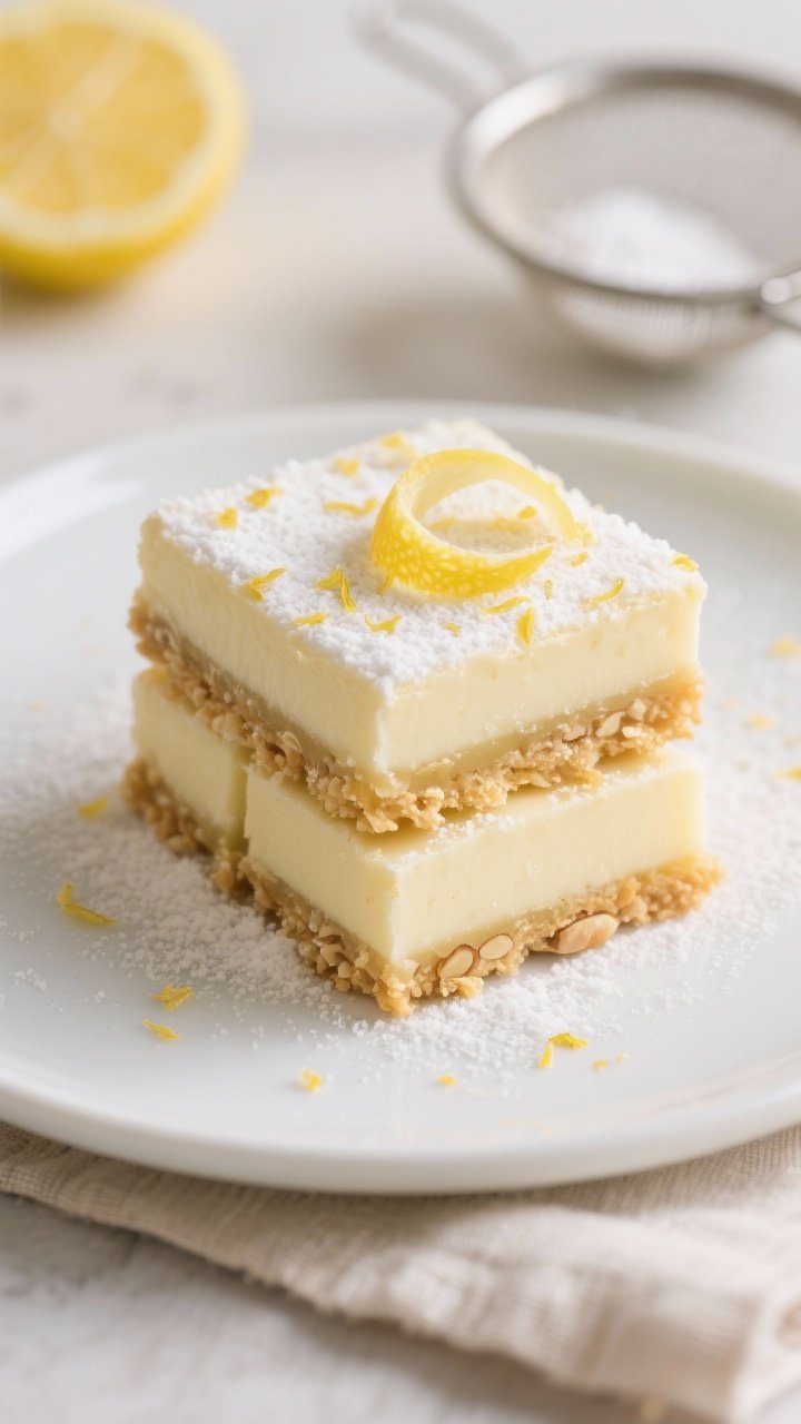 Close-up detail of chilled, sliced Keto Lemon Vanilla Bars plated for serving: three neat squares st