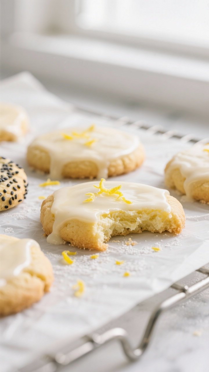 Close-up detail of freshly baked keto lemon cream cheese cookies cooling on a wire rack, matte tops 