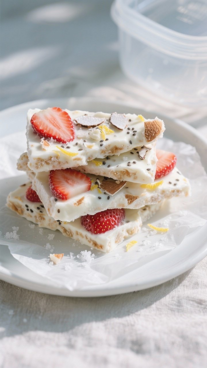 Close-up detail of frozen keto strawberry yogurt bark pieces after breaking, stacked slightly askew 