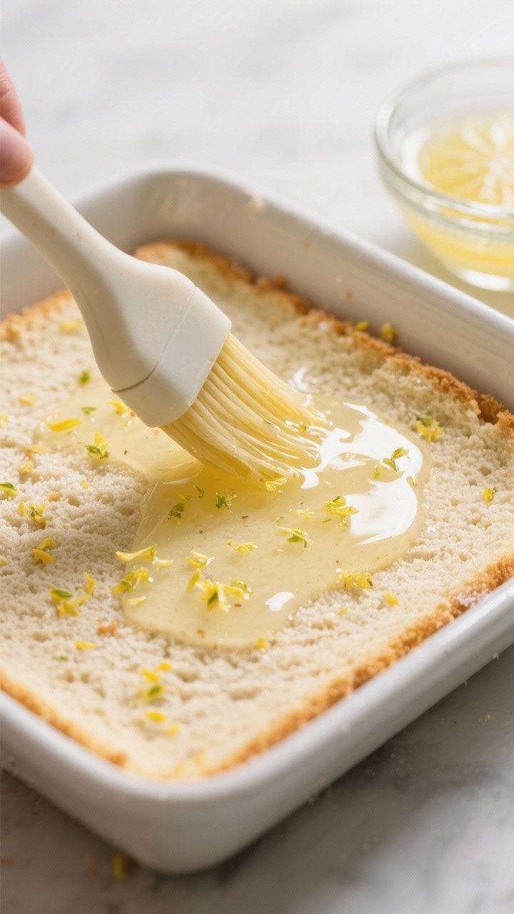 Close-up detail of the assembled keto lemon tiramisu during the soak step: an 8x8-inch almond flour