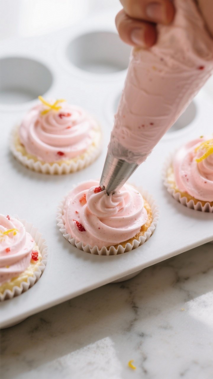 Close-up detail/process shot: A creamy strawberry-cheesecake mixture being piped into a silicone min