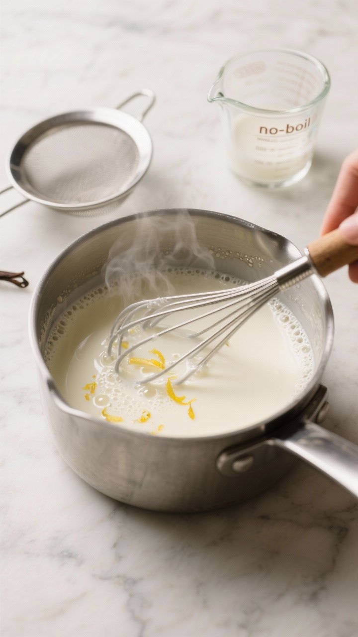 Close-up detail/process shot: A sleek saucepan on a neutral marble surface with the just-warmed crea