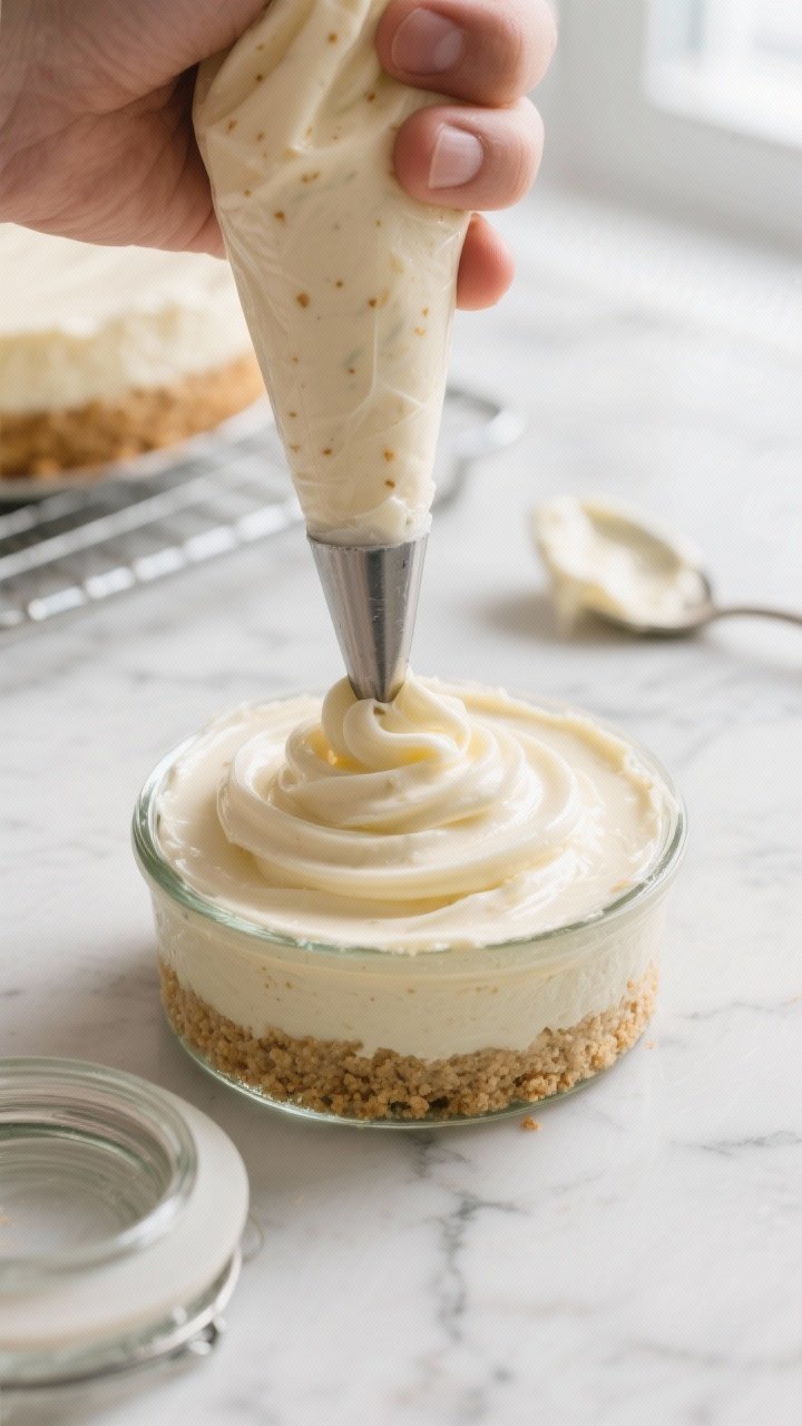 Close-up detail/process shot: A small glass jar with the almond flour “crust” layer freshly pres
