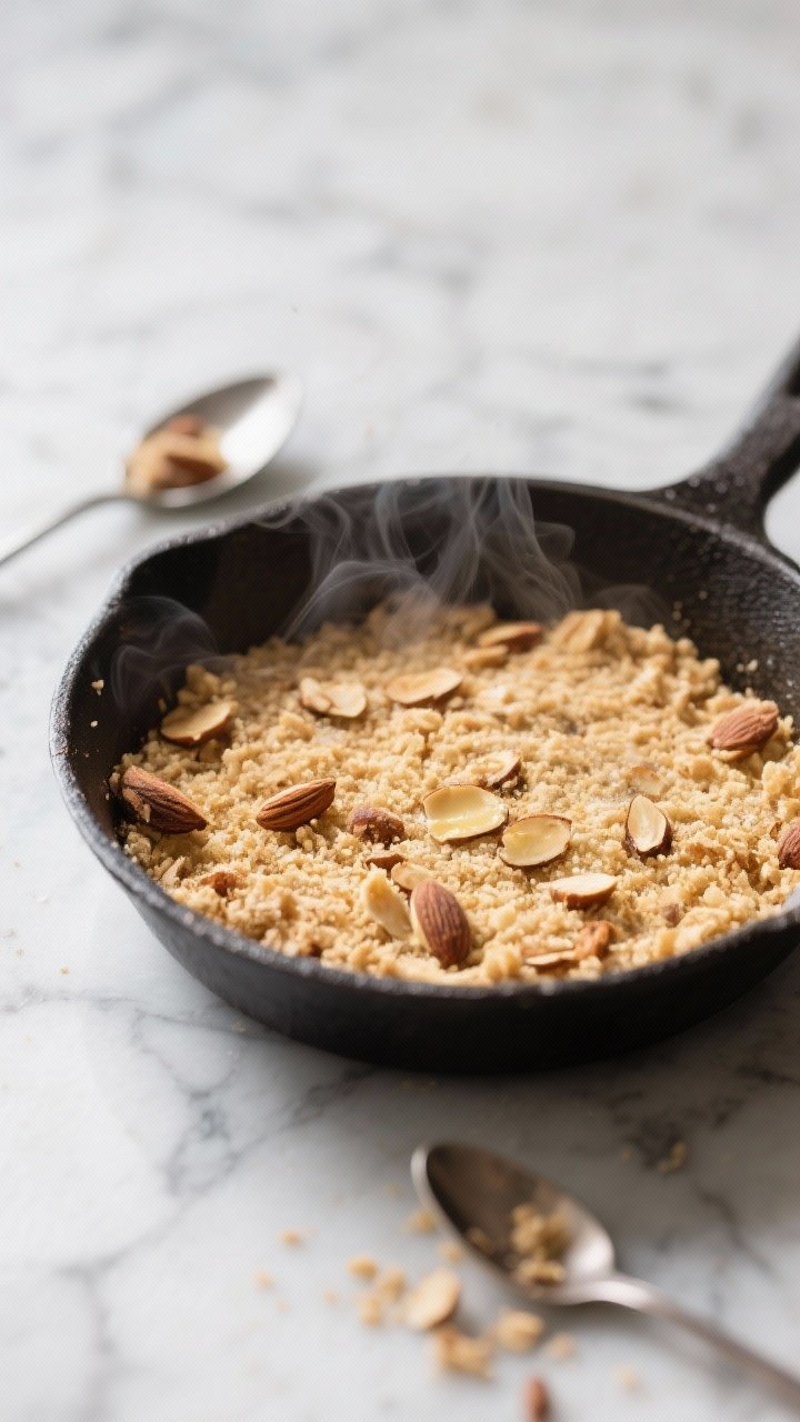 Close-up detail/process shot: A small skillet on a cool marble surface with freshly toasted almond c