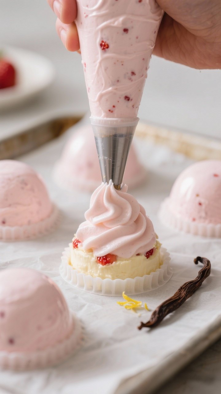 Close-up detail/process shot: Creamy strawberry cheesecake mixture being piped into small silicone d