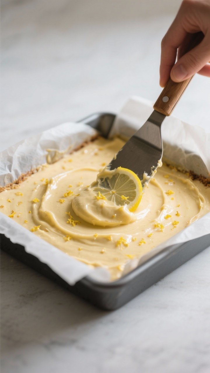 Close-up detail/process shot: Keto lemon blondie batter being spread and smoothed in a parchment-lin
