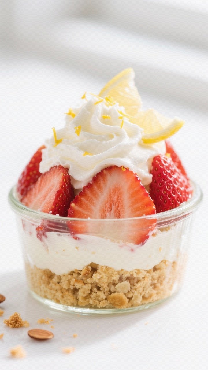 Close-up detail shot: A chilled Keto Strawberry Shortcake Cup mid-assembly in a clear glass ramekin,